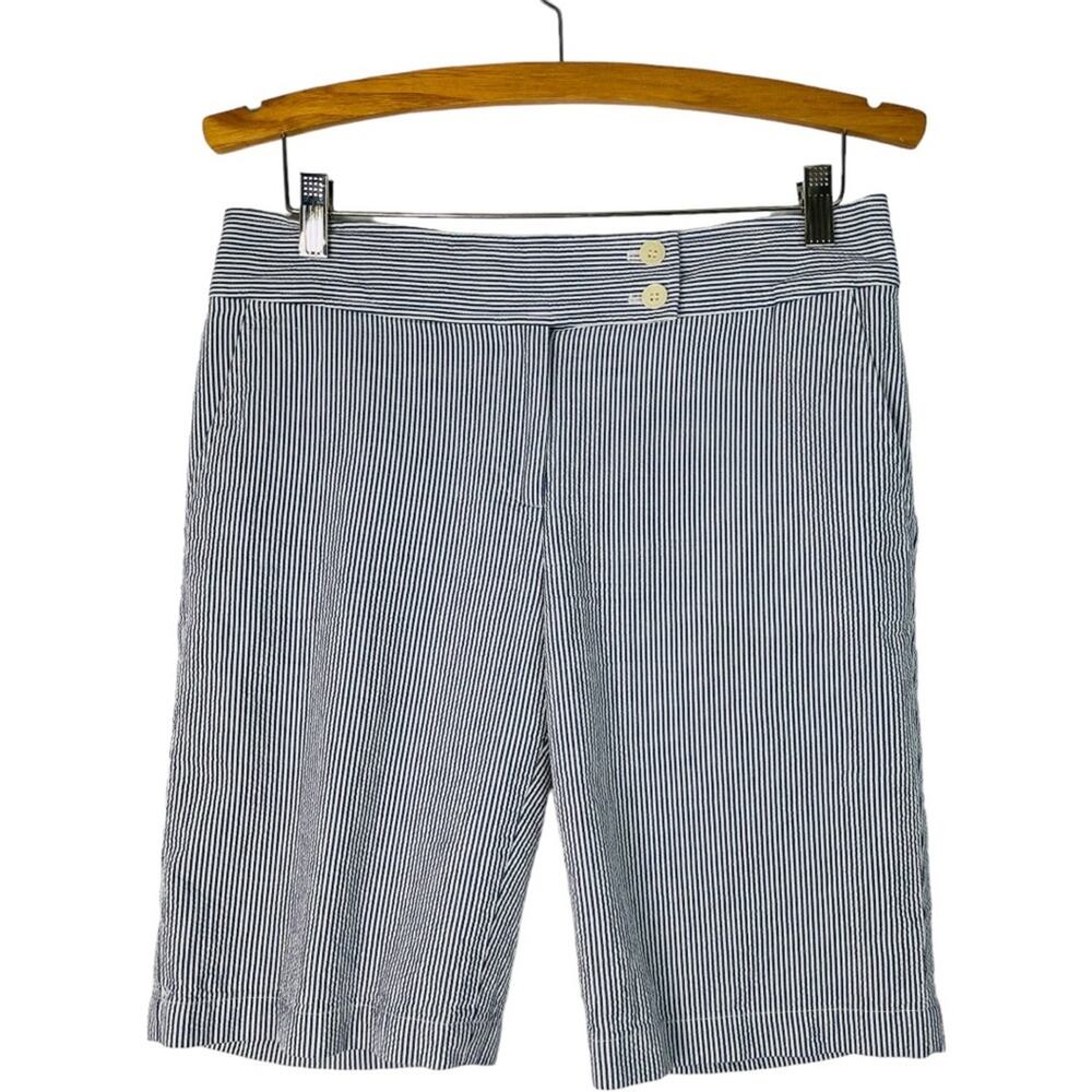 Talbots blue white striped seersucker coastal nautical preppy Bermuda shorts 6